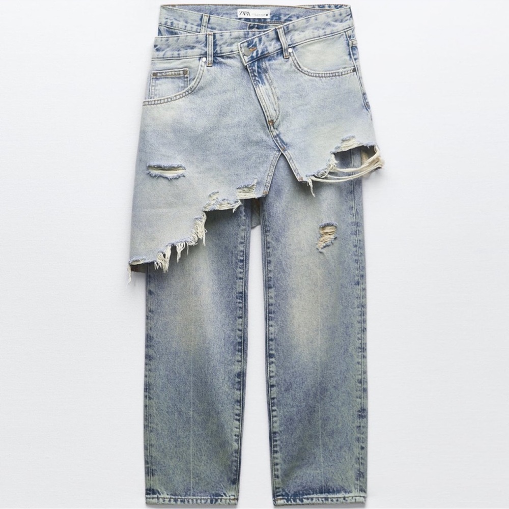 ZARA ASYMMETRICAL WOMAN'S STRAIGHT-LEG MID-RISE JEANS FADED BLUE 6840/091 NWT